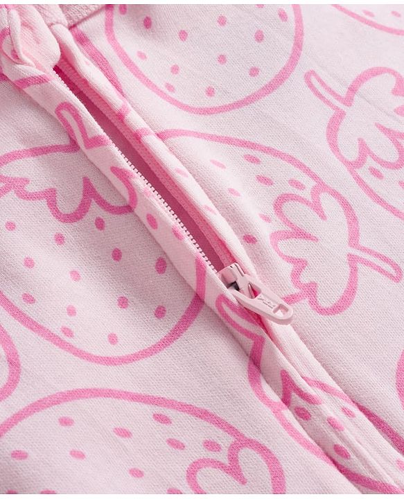Babyhug Cotton Knit Full Sleeves Footed Sleepsuit With Stawberry Print - Pink