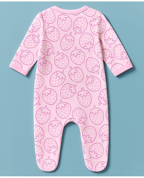 Babyhug Cotton Knit Full Sleeves Footed Sleepsuit With Stawberry Print - Pink