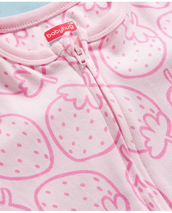 Babyhug Cotton Knit Full Sleeves Footed Sleepsuit With Stawberry Print - Pink