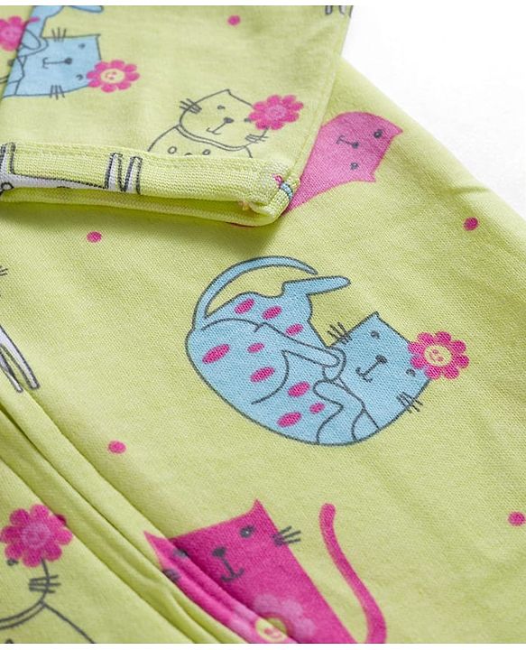 Babyhug Interlock Knit Full Sleeves Sleepsuit With Cat Print - Yellow