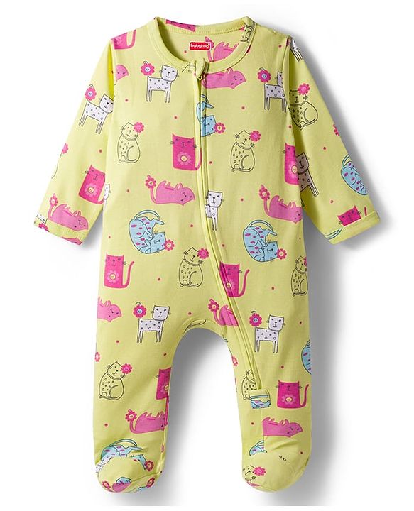 Babyhug Interlock Knit Full Sleeves Sleepsuit With Cat Print - Yellow