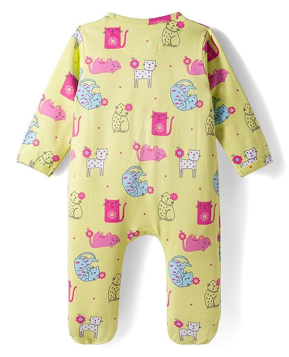 Babyhug Interlock Knit Full Sleeves Sleepsuit With Cat Print - Yellow
