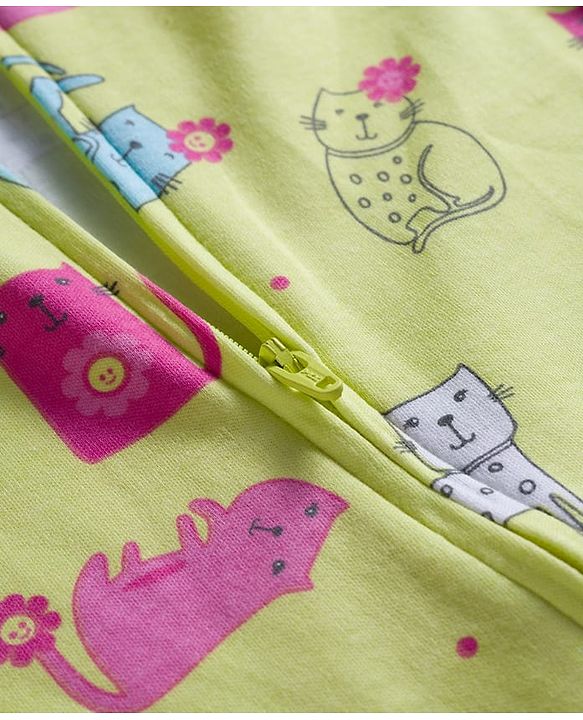 Babyhug Interlock Knit Full Sleeves Sleepsuit With Cat Print - Yellow