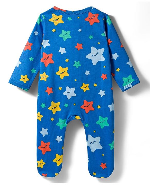 Babyhug Cotton Knit Full Sleeves Footed Sleepsuit With Star Print - Blue