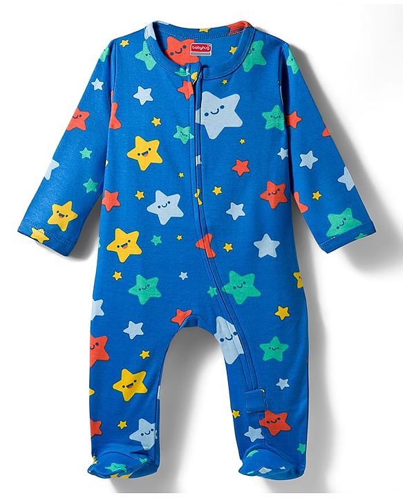 Babyhug Cotton Knit Full Sleeves Footed Sleepsuit With Star Print - Blue