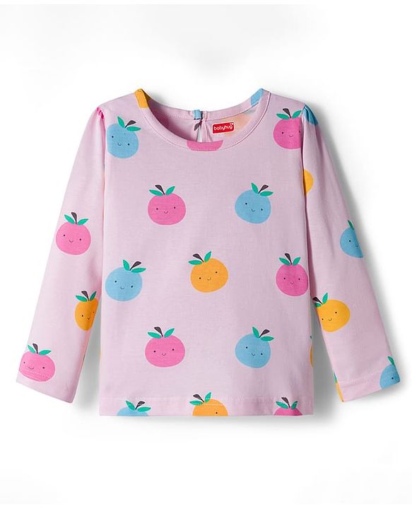 Babyhug 100% Cotton Knit Full Sleeves T-Shirt with Fruit Print - Light Pink