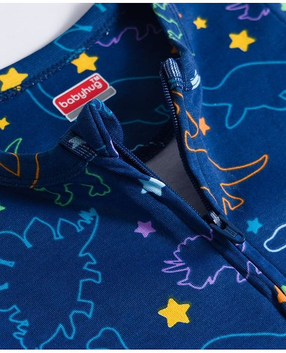Babyhug Cotton Knit Full Sleeves Footed Sleepsuit With Dino Print - Blue