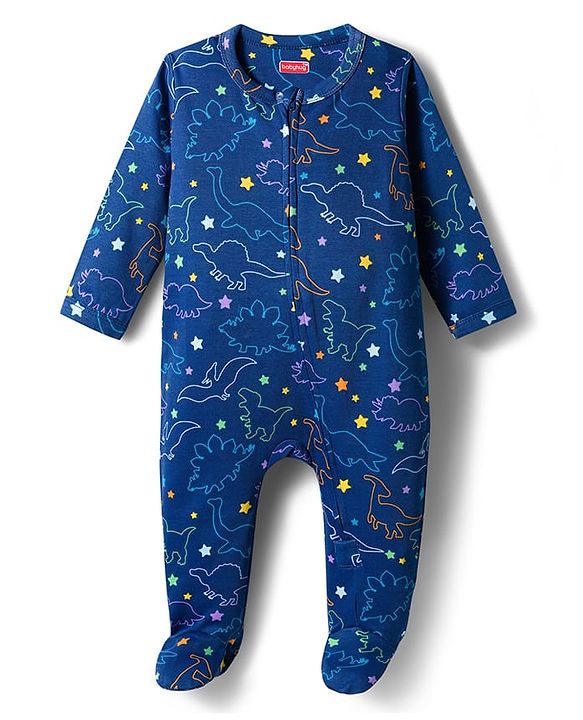 Babyhug Cotton Knit Full Sleeves Footed Sleepsuit With Dino Print - Blue