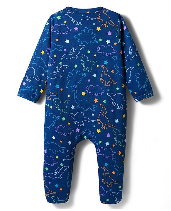 Babyhug Cotton Knit Full Sleeves Footed Sleepsuit With Dino Print - Blue