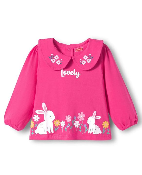 Babyhug 100 % Cotton Knit Full Sleeves Peter Pan Collar Top with Floral & Animal Print - Dark Pink