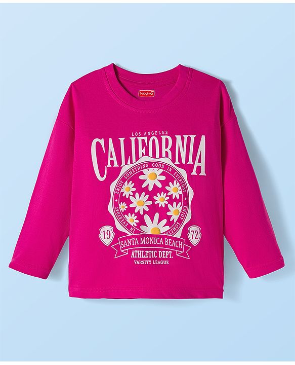Babyhug 100% Cotton Knit Full Sleeves T-Shirt with California & Floral Text Print - Dark Pink