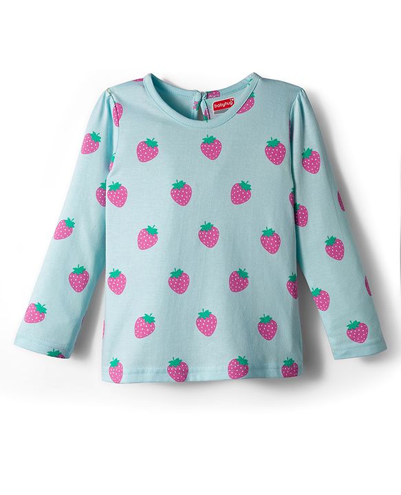 Babyhug 100% Cotton Knit Full Sleeves T-Shirt with Fruit Print - Light Blue