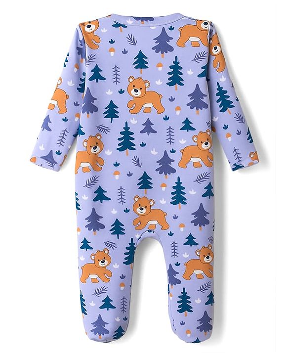 Babyhug Cotton Knit Full Sleeves Sleepsuit With Animal Print - Lavender