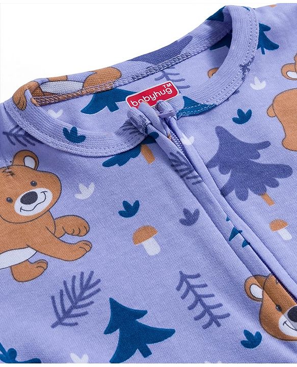 Babyhug Cotton Knit Full Sleeves Sleepsuit With Animal Print - Lavender