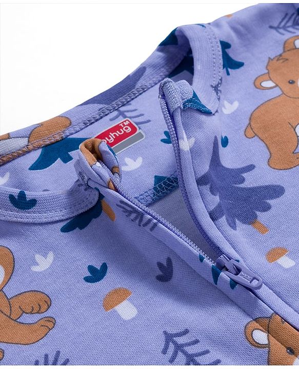 Babyhug Cotton Knit Full Sleeves Sleepsuit With Animal Print - Lavender