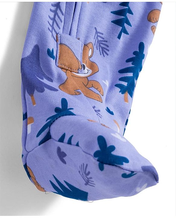 Babyhug Cotton Knit Full Sleeves Sleepsuit With Animal Print - Lavender