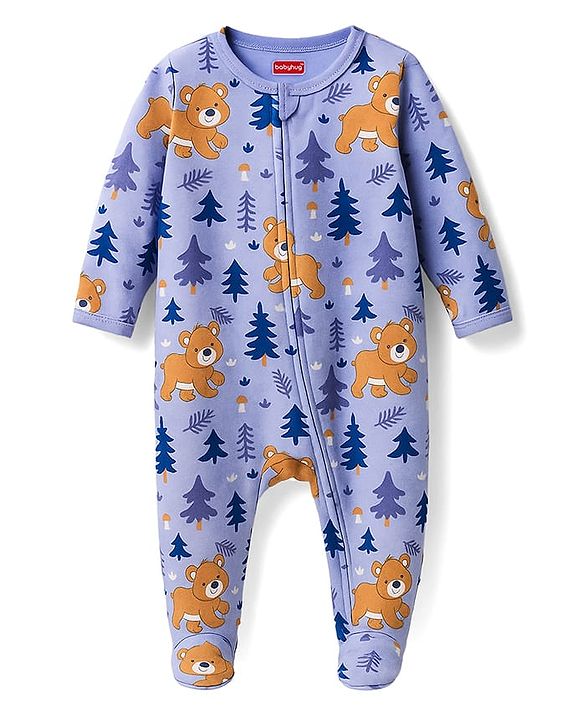 Babyhug Cotton Knit Full Sleeves Sleepsuit With Animal Print - Lavender