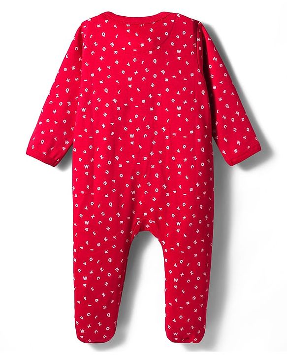 Babyhug Cotton Knit Full Sleeves Footed Sleepsuit With Alphabets Print - Red