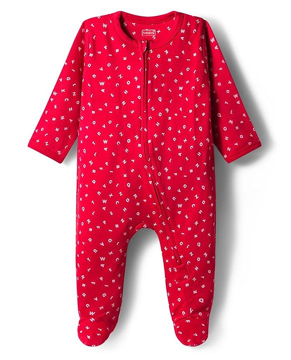 Babyhug Cotton Knit Full Sleeves Footed Sleepsuit With Alphabets Print - Red