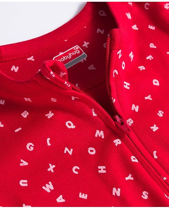 Babyhug Cotton Knit Full Sleeves Footed Sleepsuit With Alphabets Print - Red
