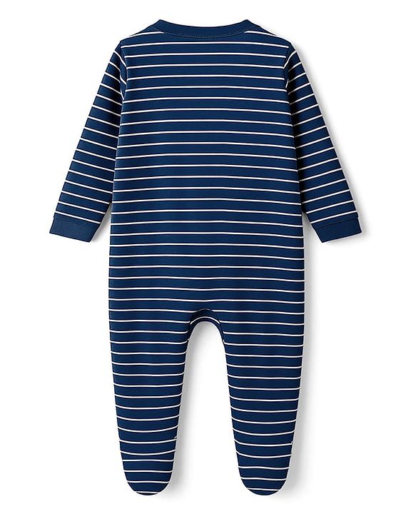 Babyhug Cotton Knit Full Sleeves Footed Sleepsuit With Stripes & Animal Print - Navy Blue