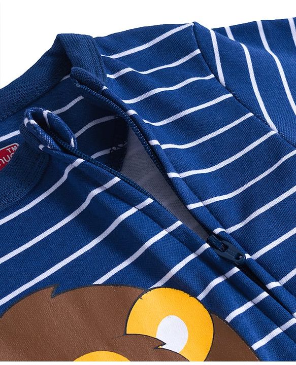 Babyhug Cotton Knit Full Sleeves Footed Sleepsuit With Stripes & Animal Print - Navy Blue