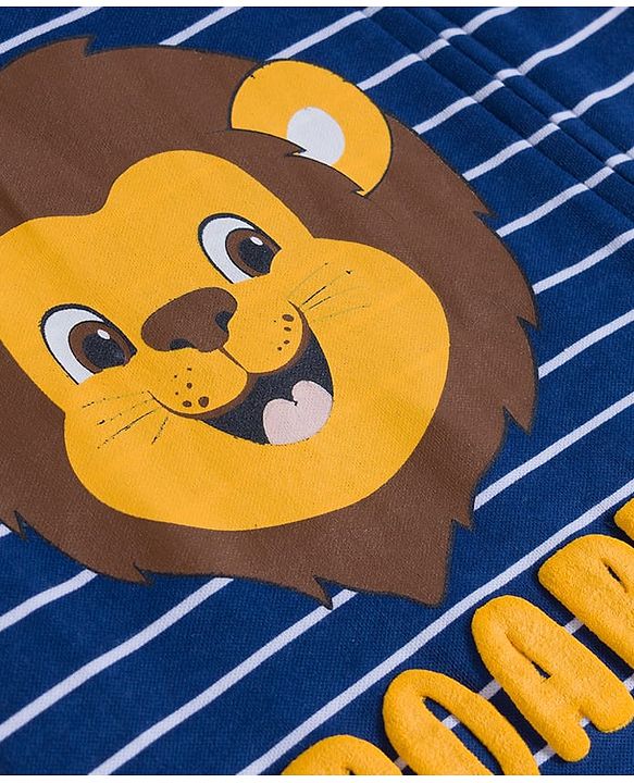 Babyhug Cotton Knit Full Sleeves Footed Sleepsuit With Stripes & Animal Print - Navy Blue