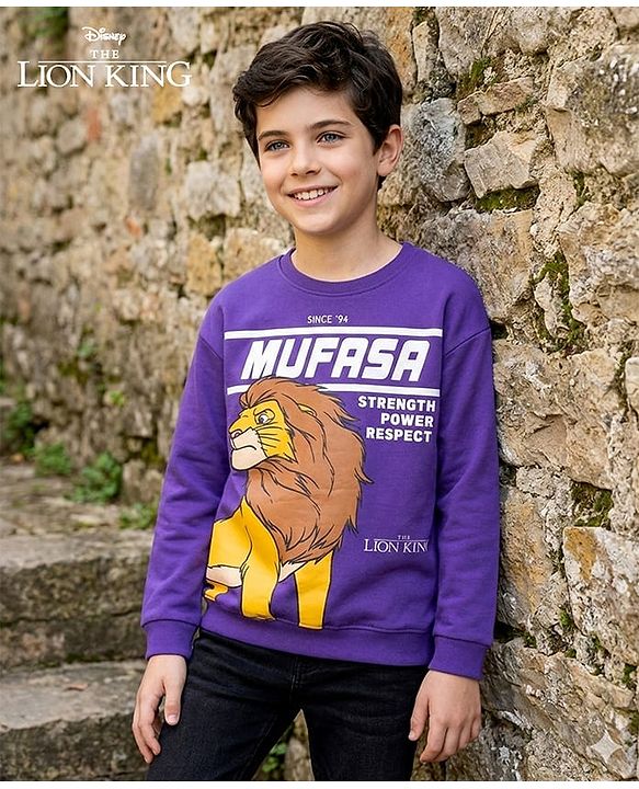 Pine Kids Disney Terry Knit Drop Shoulder Full Sleeves Sweatshirt With Mufasa Graphics - Purple