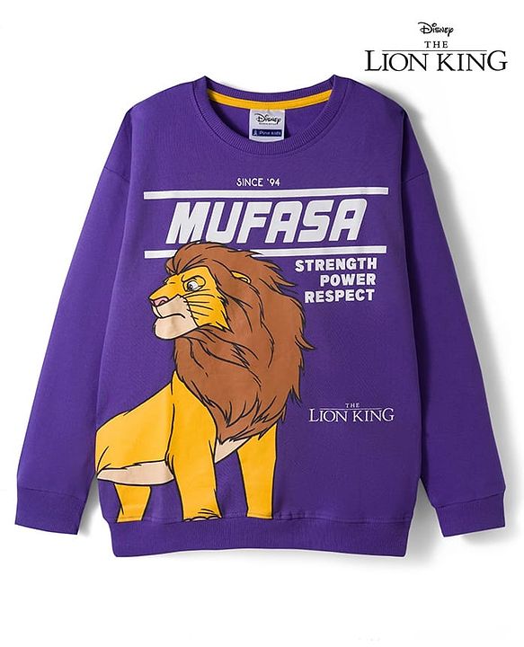 Pine Kids Disney Terry Knit Drop Shoulder Full Sleeves Sweatshirt With Mufasa Graphics - Purple