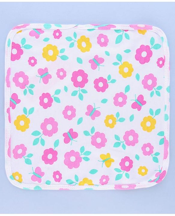 Babyhug Cotton Knit Wash Cloths with Floral & Polka Dot Pack Of 6 L 25.4 x B 25.4 cm - White Yellow & Pink