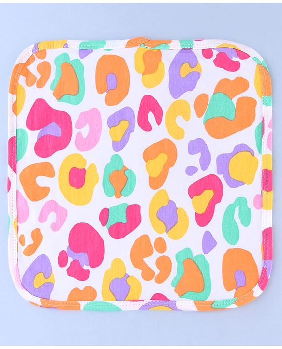 Babyhug Cotton Knit Wash Cloths with Floral & Polka Dot Pack Of 6 L 25.4 x B 25.4 cm - White Orange & Navy Blue