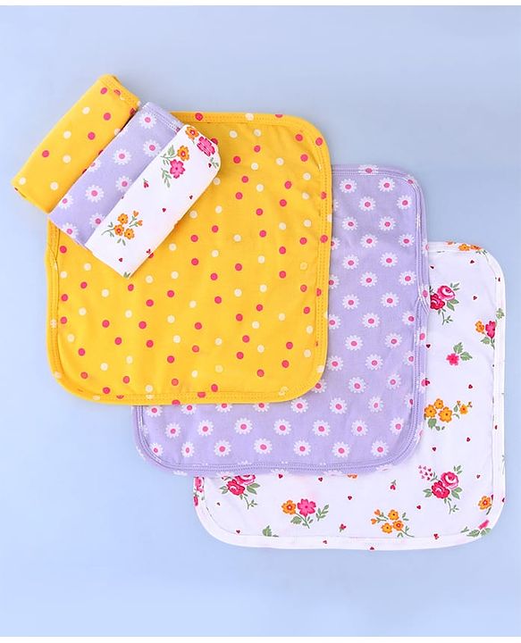 Babyhug Cotton Knit Wash Cloths with Floral Print Pack Of 6 L 25.4 x B 25.4 cm - White Yellow & Plum