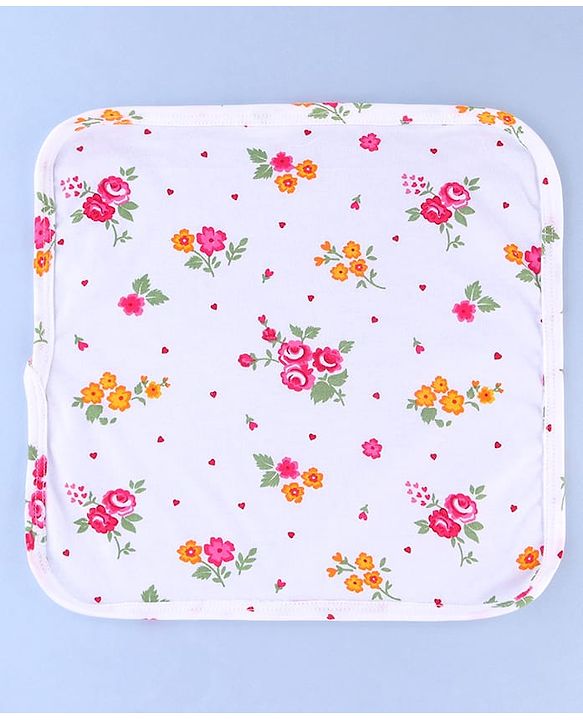 Babyhug Cotton Knit Wash Cloths with Floral Print Pack Of 6 L 25.4 x B 25.4 cm - White Yellow & Plum