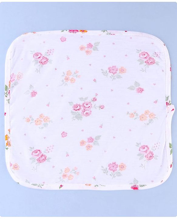 Babyhug Cotton Knit Wash Cloths with Floral Print Pack Of 6 L 25.4 x B 25.4 cm - White Yellow & Plum