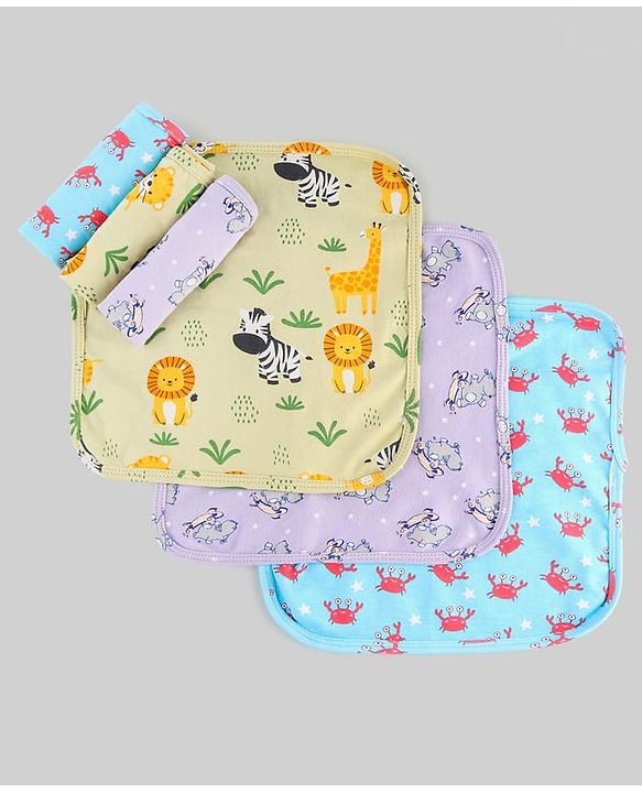 Babyhug Cotton Knit Wash Cloth with Animal & Sea Life Print Pack of 6 - Yellow Lilac & Light Blue