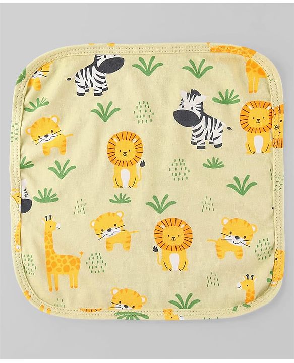 Babyhug Cotton Knit Wash Cloth with Animal & Sea Life Print Pack of 6 - Yellow Lilac & Light Blue