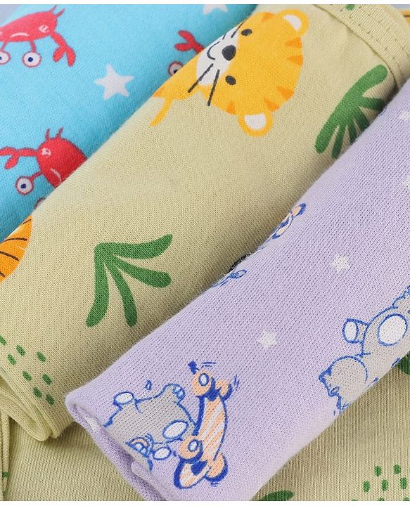 Babyhug Cotton Knit Wash Cloth with Animal & Sea Life Print Pack of 6 - Yellow Lilac & Light Blue
