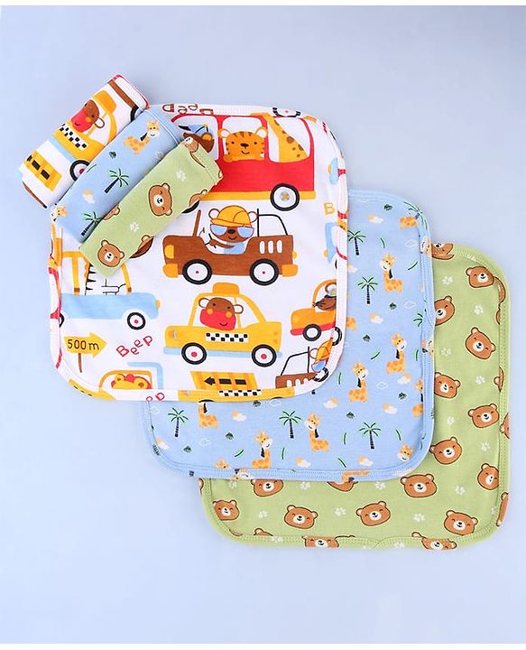 Babyhug Cotton Knit Wash Cloths with Vehicle & Animal Pack Of 6 L 25.4 x B 25.4 cm - White Light Blue & Light Green