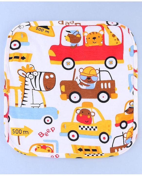 Babyhug Cotton Knit Wash Cloths with Vehicle & Animal Pack Of 6 L 25.4 x B 25.4 cm - White Light Blue & Light Green