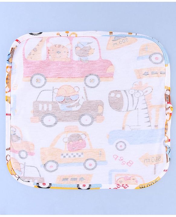 Babyhug Cotton Knit Wash Cloths with Vehicle & Animal Pack Of 6 L 25.4 x B 25.4 cm - White Light Blue & Light Green