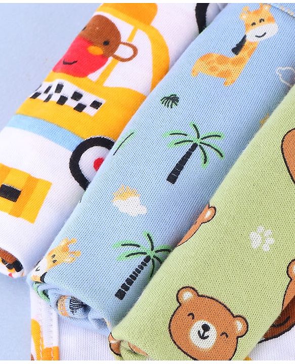 Babyhug Cotton Knit Wash Cloths with Vehicle & Animal Pack Of 6 L 25.4 x B 25.4 cm - White Light Blue & Light Green