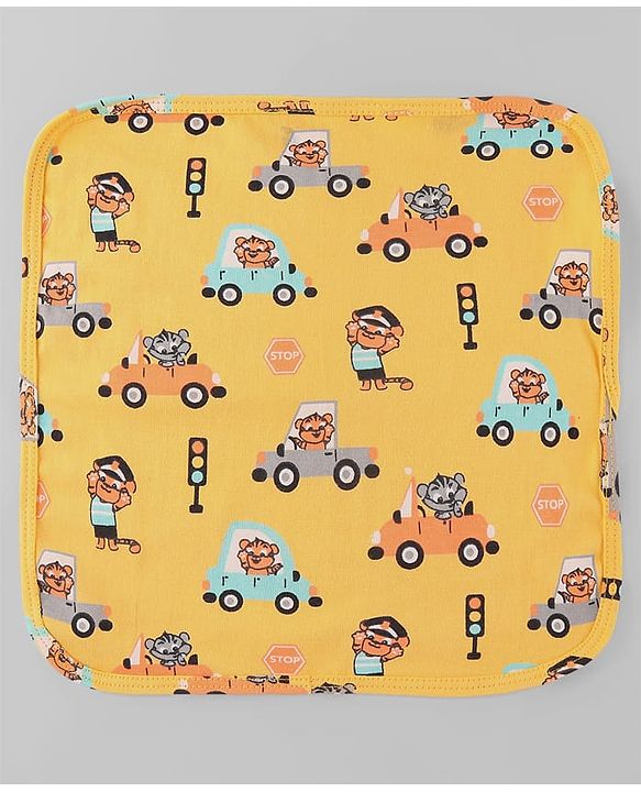 Babyhug Cotton Knit Wash Cloth with Animal & Vehicle Print Pack of 6 - Yellow White & Navy Blue