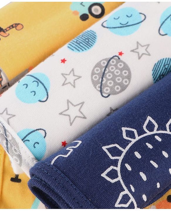 Babyhug Cotton Knit Wash Cloth with Animal & Vehicle Print Pack of 6 - Yellow White & Navy Blue