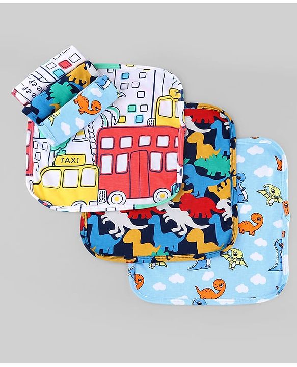 Babyhug Cotton Knit Wash Cloth with Animal & Vehicle Print Pack of 6 - Light Blue & Navy Blue