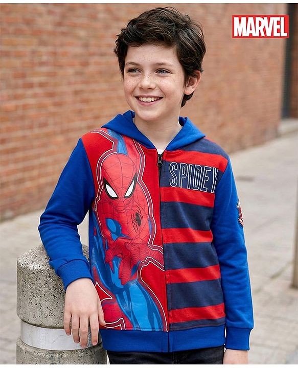 Pine Kids Marvel Terry Knit Hooded Full Sleeves Sweatjacket with Spider-Man Graphic - Blue & Red