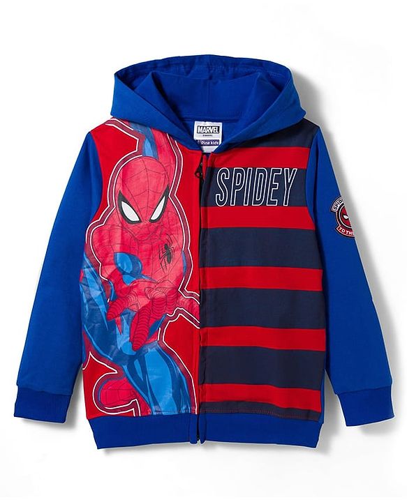 Pine Kids Marvel Terry Knit Hooded Full Sleeves Sweatjacket with Spider-Man Graphic - Blue & Red