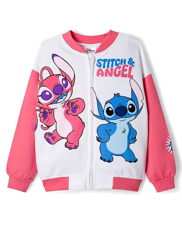 Pine Kids Disney Terry Knit Full Sleeves Sweatjacket With Stitch & Angel Graphics - Pink & White