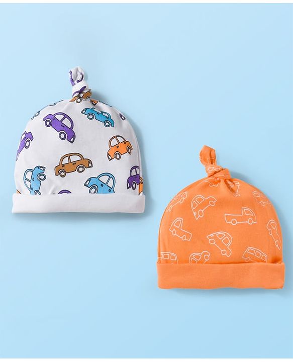 Babyhug 100% Cotton Knit Cap with Vehicle Print Pack of 2 White & Orange - 14 cm Diameter