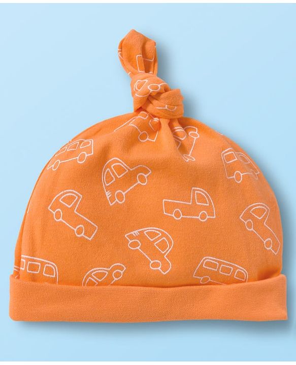 Babyhug 100% Cotton Knit Cap with Vehicle Print Pack of 2 White & Orange - 14 cm Diameter