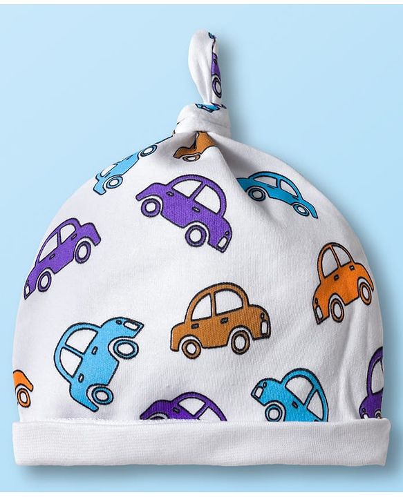 Babyhug 100% Cotton Knit Cap with Vehicle Print Pack of 2 White & Orange - 14 cm Diameter